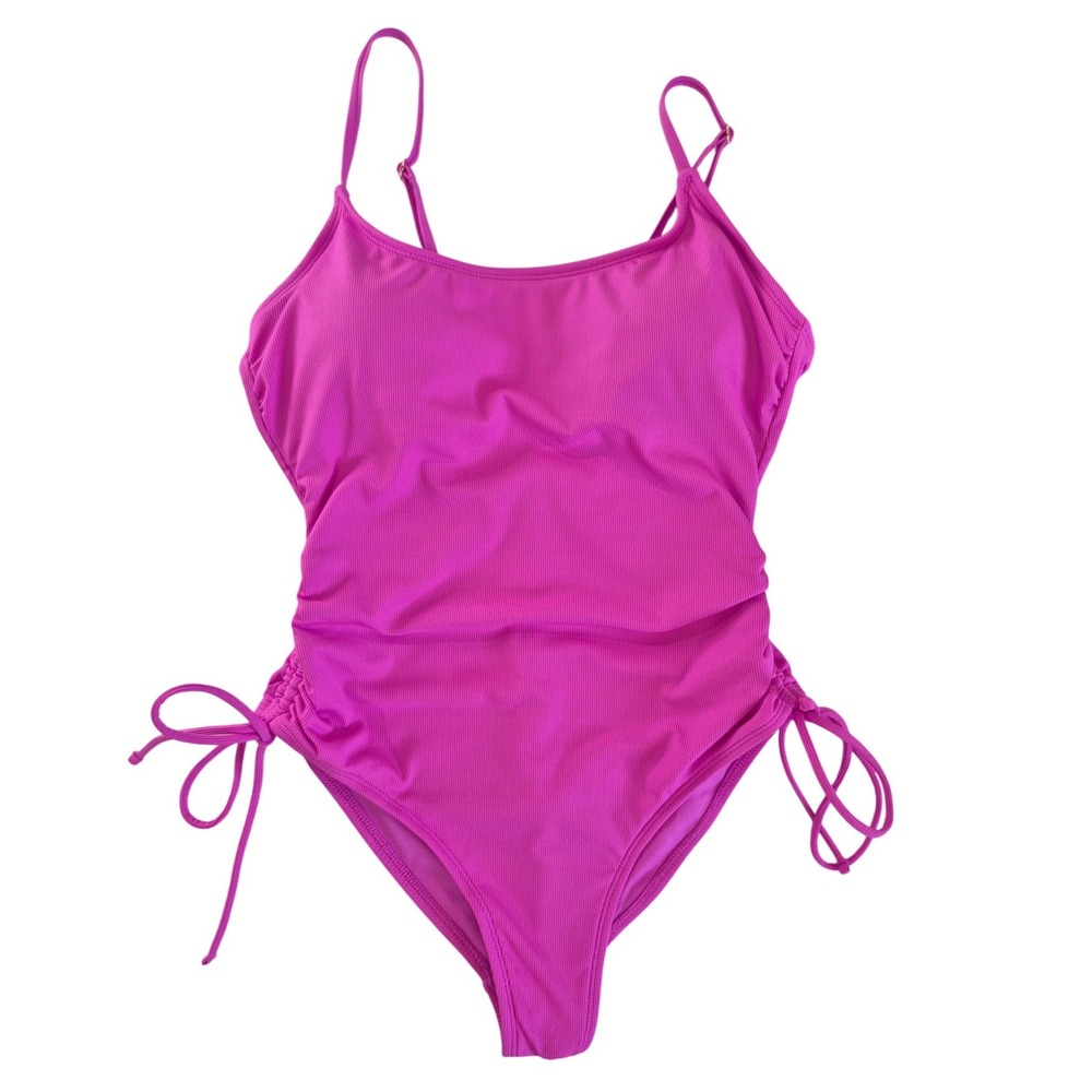 Shade & Shore Pink Ribbed One‎ Piece Swimsuit Side Tie Adjustable Straps Medium